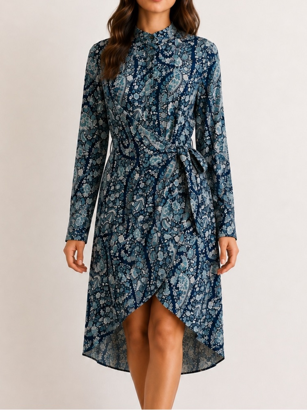 J.Crew Silk Paisley Print Tie Waist Blue Green Long Sleeve Shirt Dress